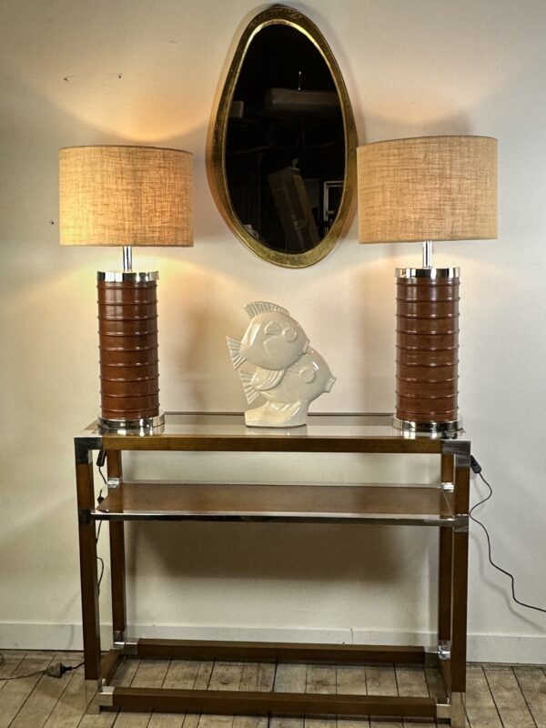 Lampe gainée cuir et métal années 1990 Ht 80 cm – Image 2