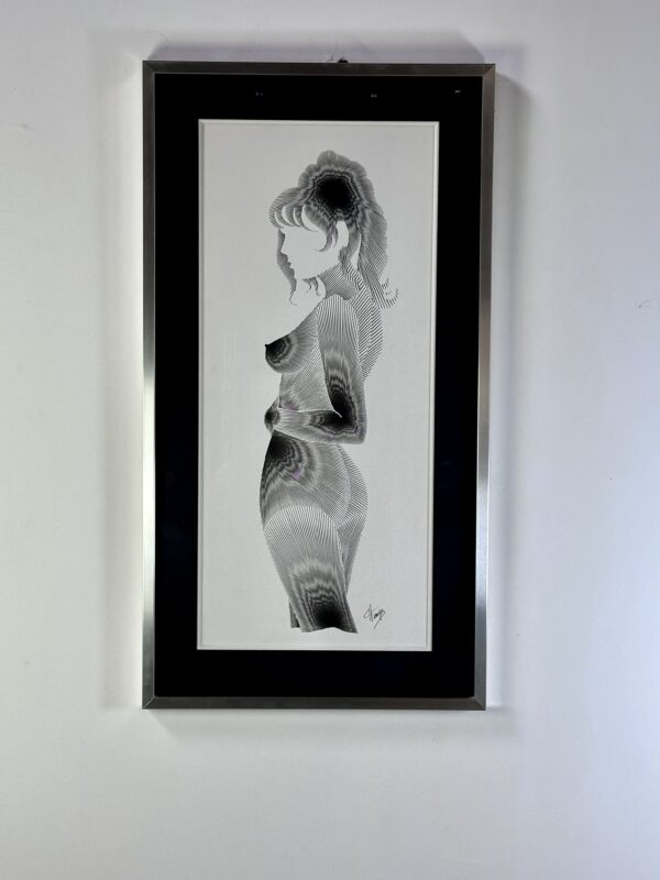 Dessin graphique encadré sous verre "silhouette" signé 1970'S