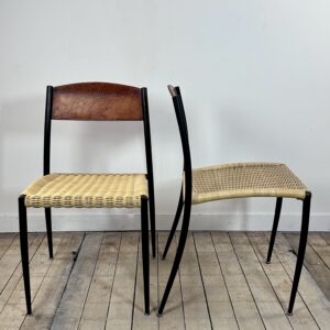 Chaises (lot de 2) en métal, cuir et paillage 1960'S
