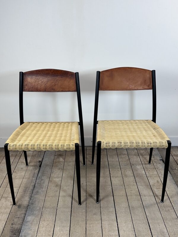 Chaises (lot de 2) en métal, cuir et paillage 1960'S – Image 5