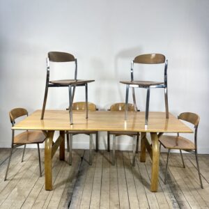 Ensemble Table + 6 chaises en orme et chrome vintage 1980