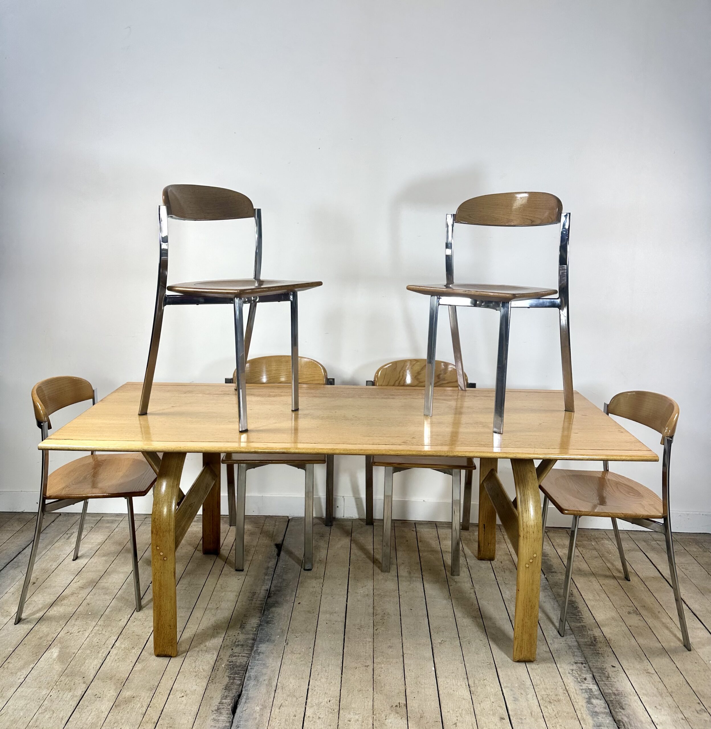 Ensemble Table + 6 chaises en orme et chrome vintage 1980