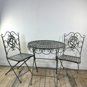 Salon de Jardin en fer forgé pliable vert patiné 1 table + 2 Chaises