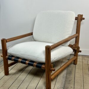 Fauteuil Lounge Vintage Pin Massif 1970 Tissu Bouclé Écru
