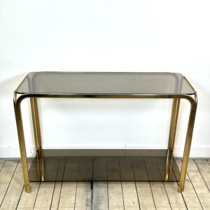 Console vintage 1980'S en métal doré et verre fumé – Image 12