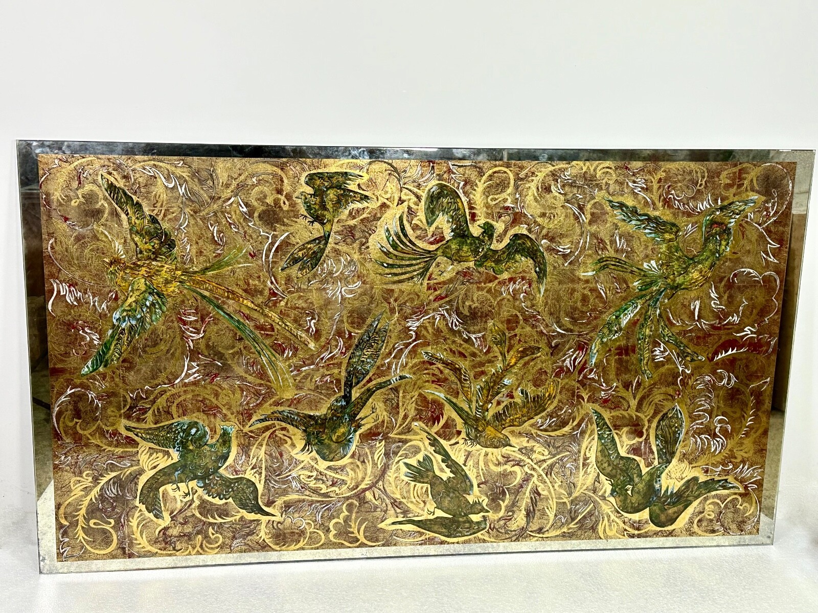 Panneau de verre miroir églomisé oiseaux de paradis 1950