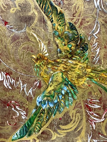 Panneau de verre miroir églomisé oiseaux de paradis 1950 – Image 5