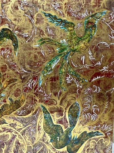 Panneau de verre miroir églomisé oiseaux de paradis 1950 – Image 4