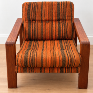 Salon scandinave vintage années 1970 canapé 2 places et fauteuils teck et tissus – Image 4