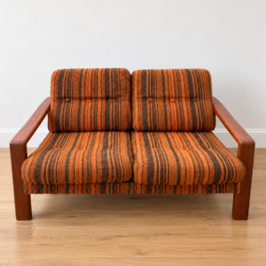 Salon scandinave vintage années 1970 canapé 2 places et fauteuils teck et tissus – Image 3