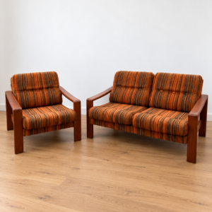 Salon scandinave vintage années 1970 canapé 2 places et fauteuils teck et tissus