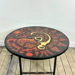 Table basse ronde vintage en céramique graphique rouge et jaune 1960'S