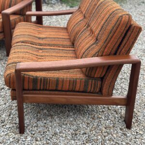 Salon scandinave vintage années 1970 canapé 2 places et fauteuils teck et tissus – Image 6