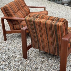 Salon scandinave vintage années 1970 canapé 2 places et fauteuils teck et tissus – Image 8