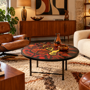 Alternative view of Table basse ronde vintage en céramique graphique rouge et jaune 1960'S